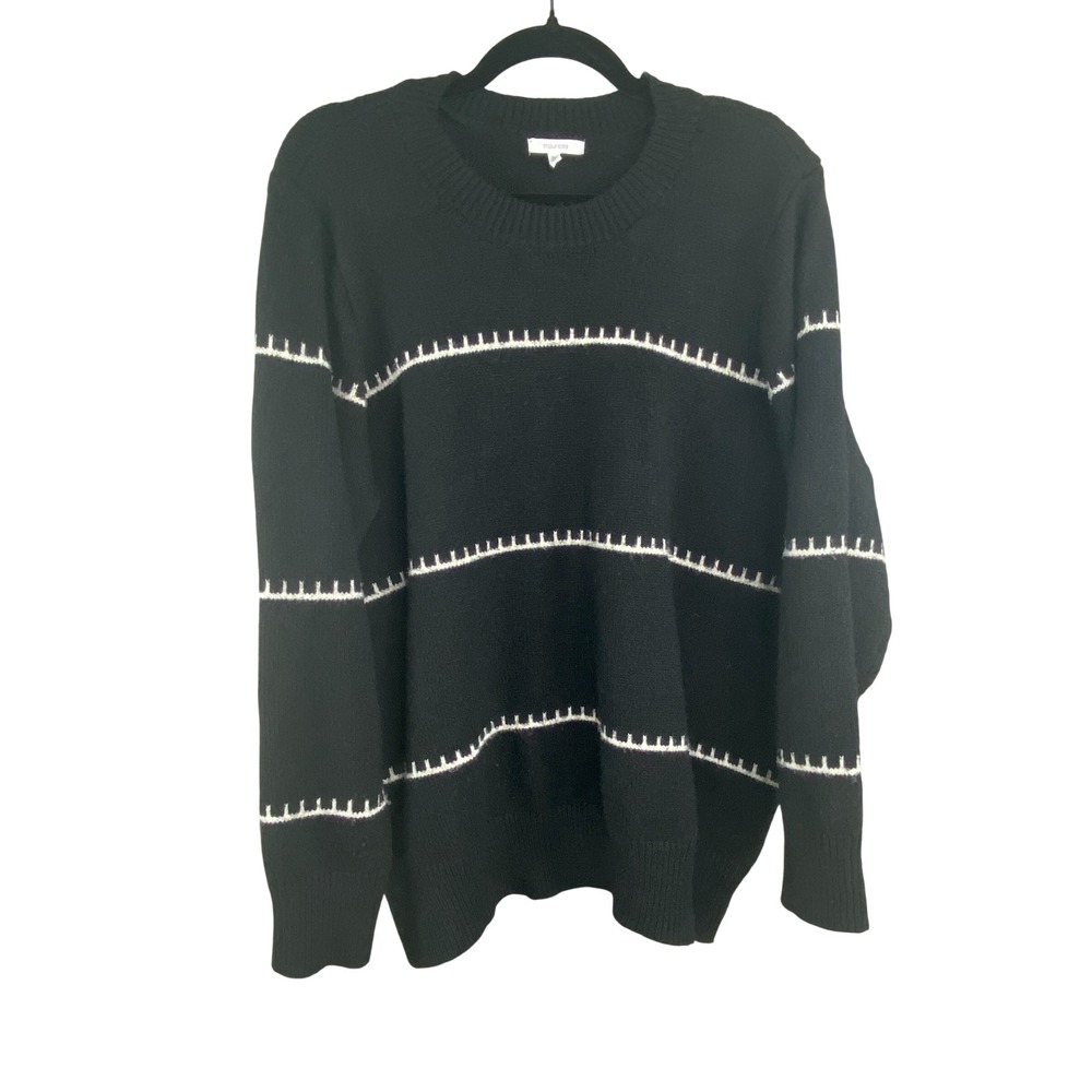 Maurices Womens Sweater 2X Black Knit Cream Blanket Stitch Pullover Crew Neck